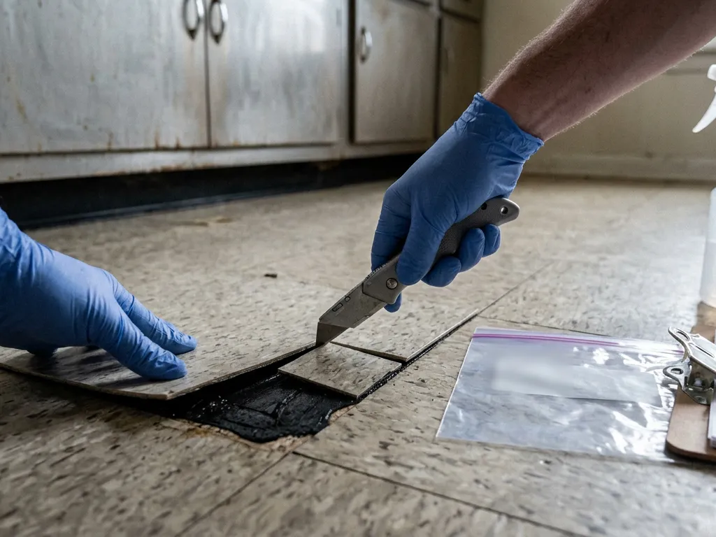 Inspector in a respirator cutting a sample of nine-inch floor tile in a 1960s Independence, Missouri house before demolition