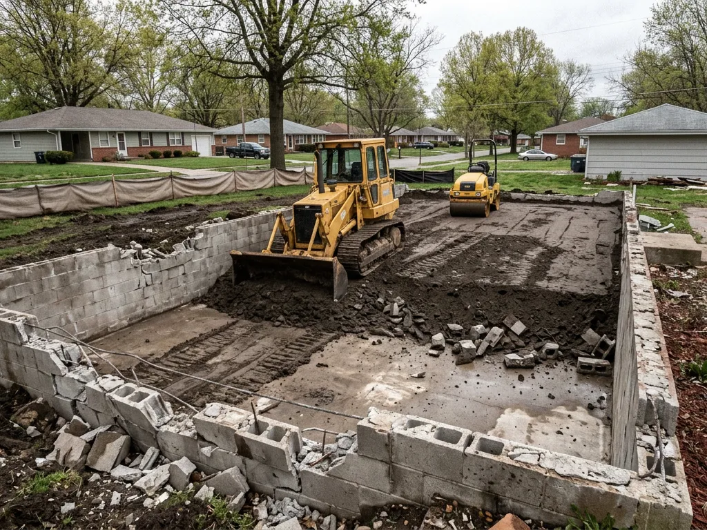 Track loader placing fill over a basement broken out below grade after a house demolition in Liberty, Missouri