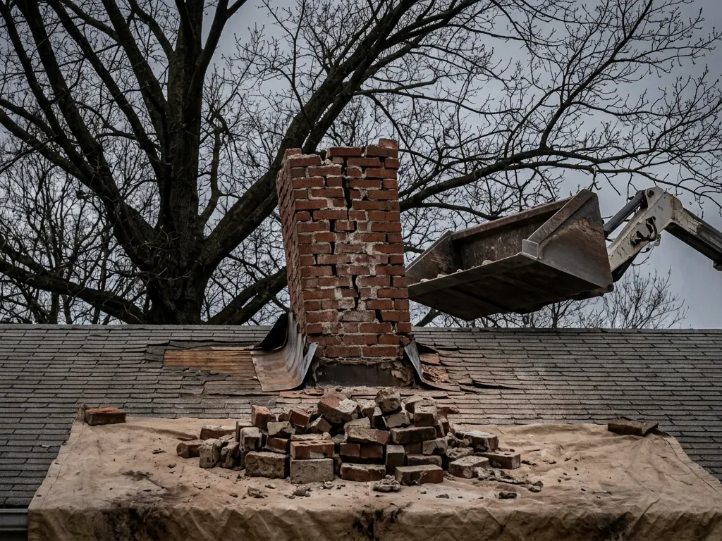 Worker on a lift taking apart a leaning brick chimney above the roofline of a 1920s house in Independence, Missouri