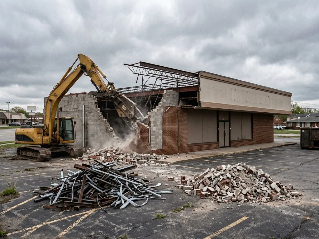 Excavator with a shear taking down a vacant block commercial building along a highway corridor in Grandview, Missouri