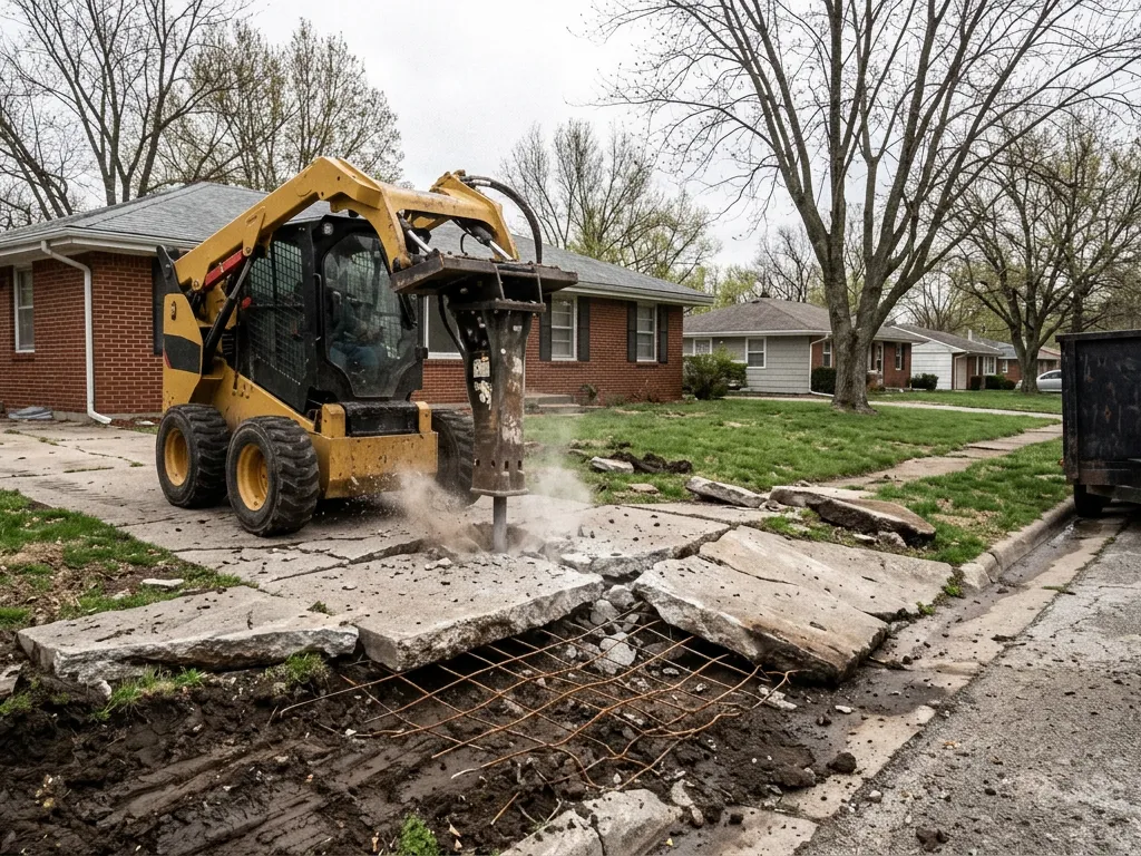 Skid steer breaking up a cracked concrete driveway in front of a brick ranch house in Independence, Missouri
