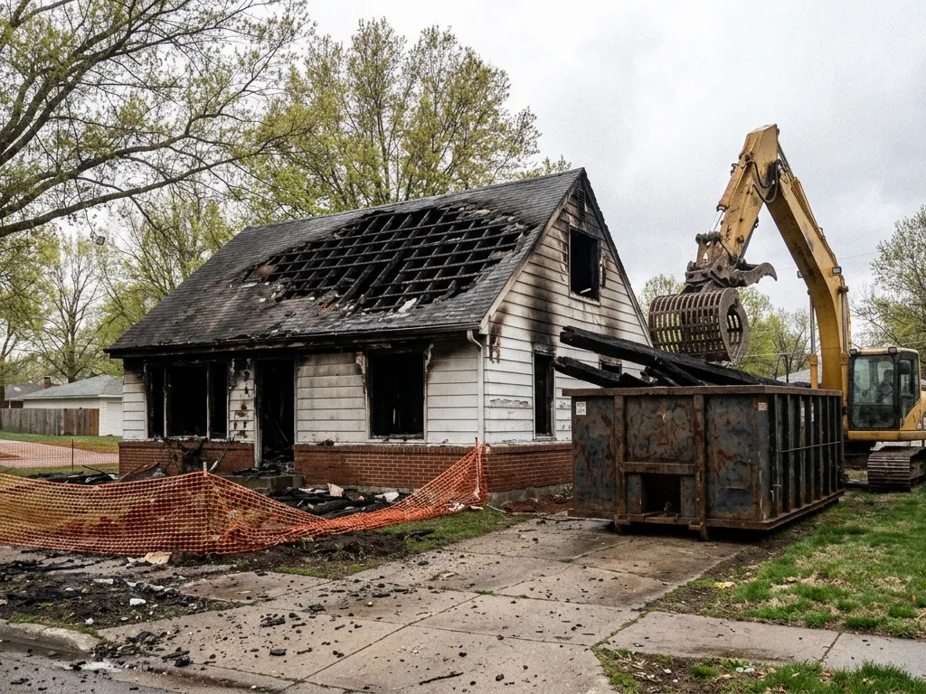 Grapple loading charred framing from a fire-damaged house into a roll-off during demolition in Independence, Missouri