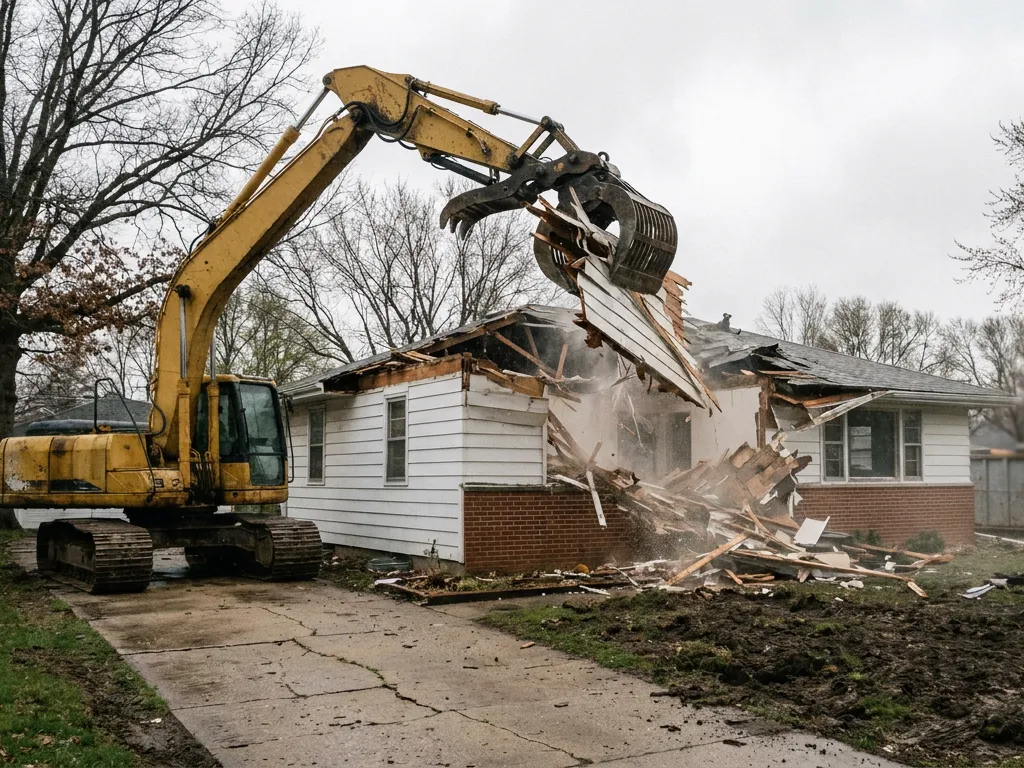 Excavator loading debris from a demolished basement house into a roll-off, the typical house demolition cost case in Independence, Missouri