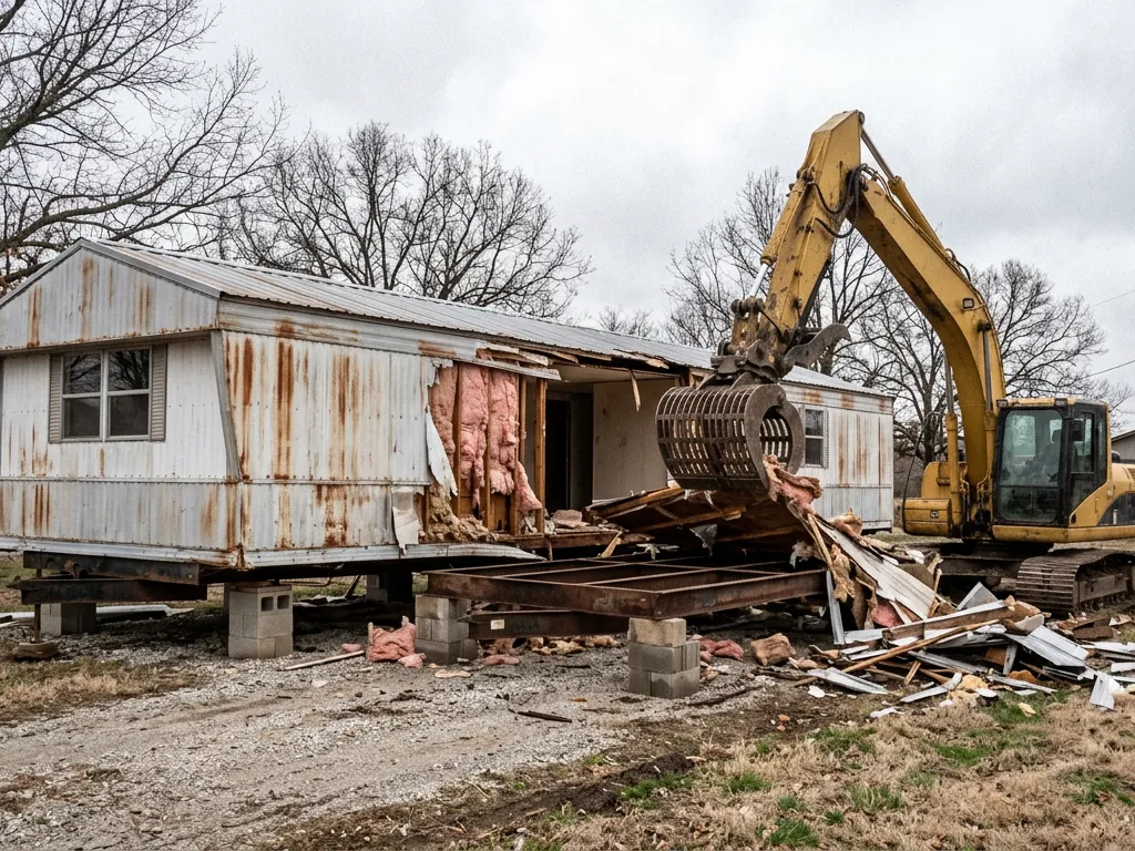 Grapple excavator tearing apart an old single-wide mobile home on a rural pad outside Oak Grove, Missouri