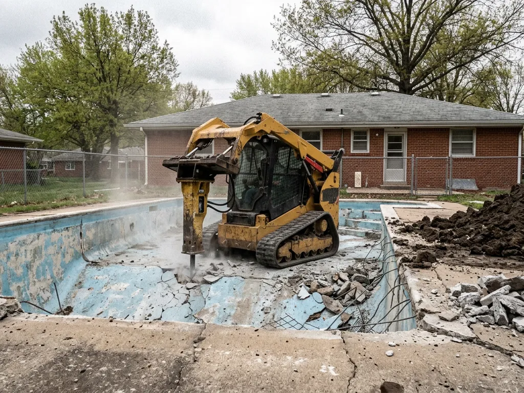 Breaker cracking the floor of an emptied in-ground pool in a Blue Springs, Missouri backyard before fill and compaction